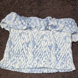 Skylar + Madison Blue and White Smocked Puff Sleeve Crop Top